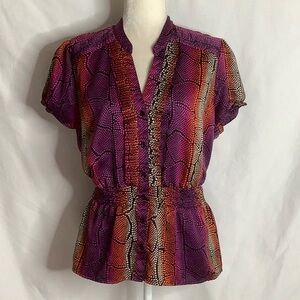 East 5th Satin Snake-Print Button Up Ruffle Front Blouse Size XL